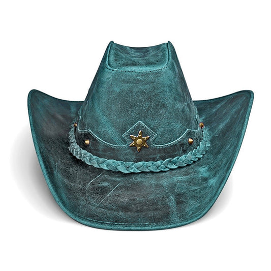 Chapéu Country Americano Couro Azul Rústico Star