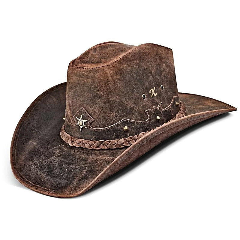 Chapéu Country Americano Couro Marrom Rústico Star