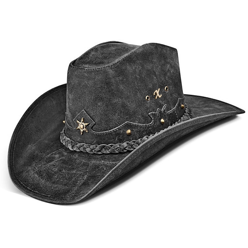 Chapéu Country Americano Couro Preto Rústico Star