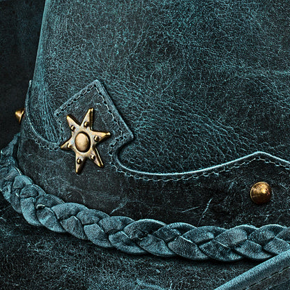 Chapéu Country Americano Couro Azul Rústico Star