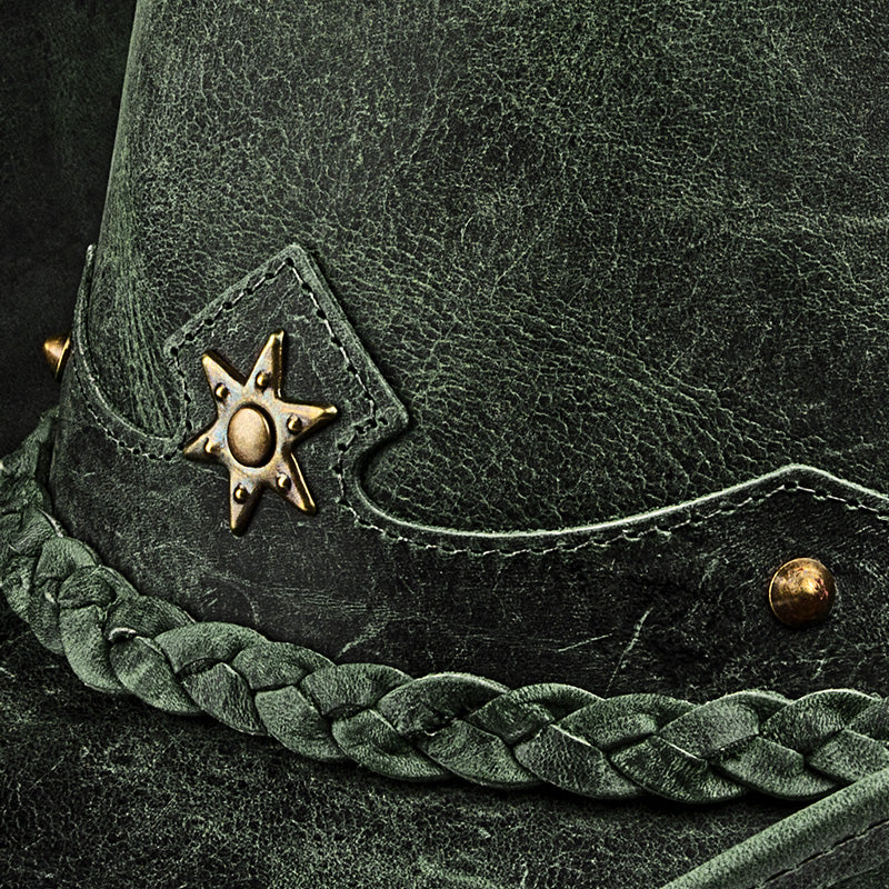 Chapéu Country Americano Couro Verde Rústico Star