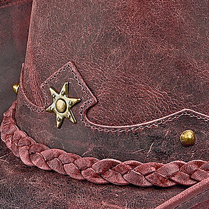 Chapéu Country Americano Couro Vermelho Rústico Star