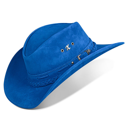 Chapéu Country Texano Couro Azul Nobuck