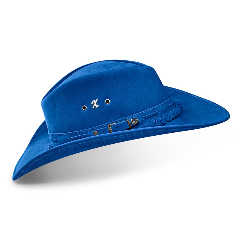 Chapéu Country Texano Couro Azul Nobuck