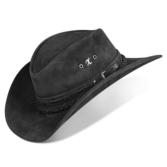 Chapéu Country Texano Couro Preto Nobuck